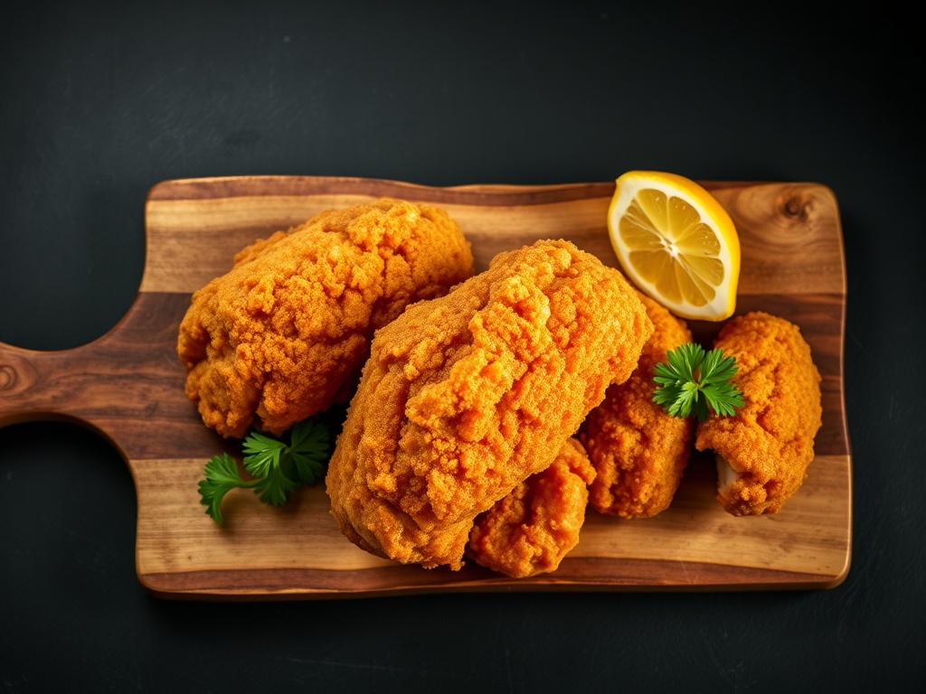 Goldbraunes Wiener Schnitzel mit Zitrone auf dunklem Teller
